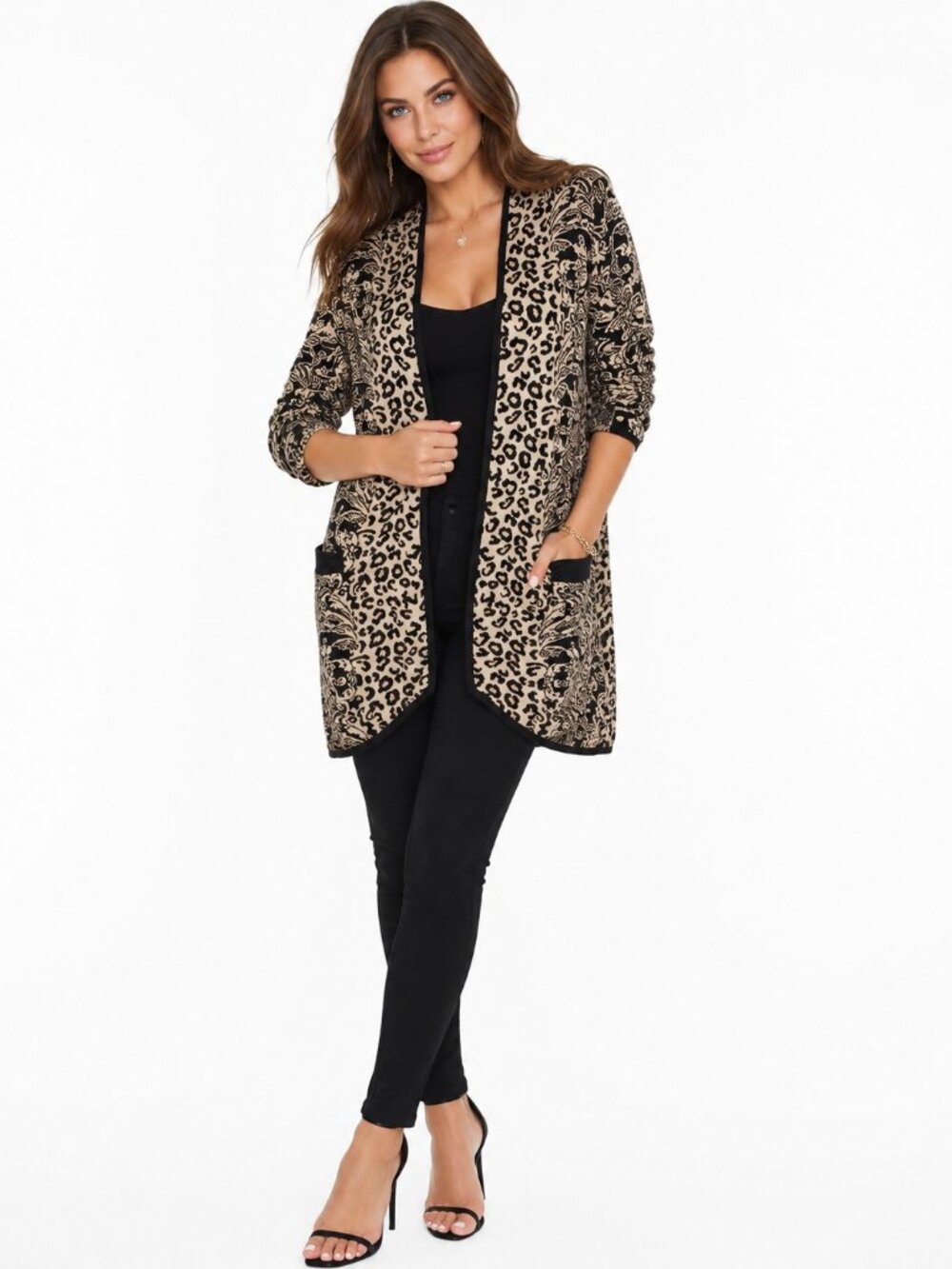 Chico's Women's Animal Print Open Front Cardigan Sweater Black Gold Sz 0 Small